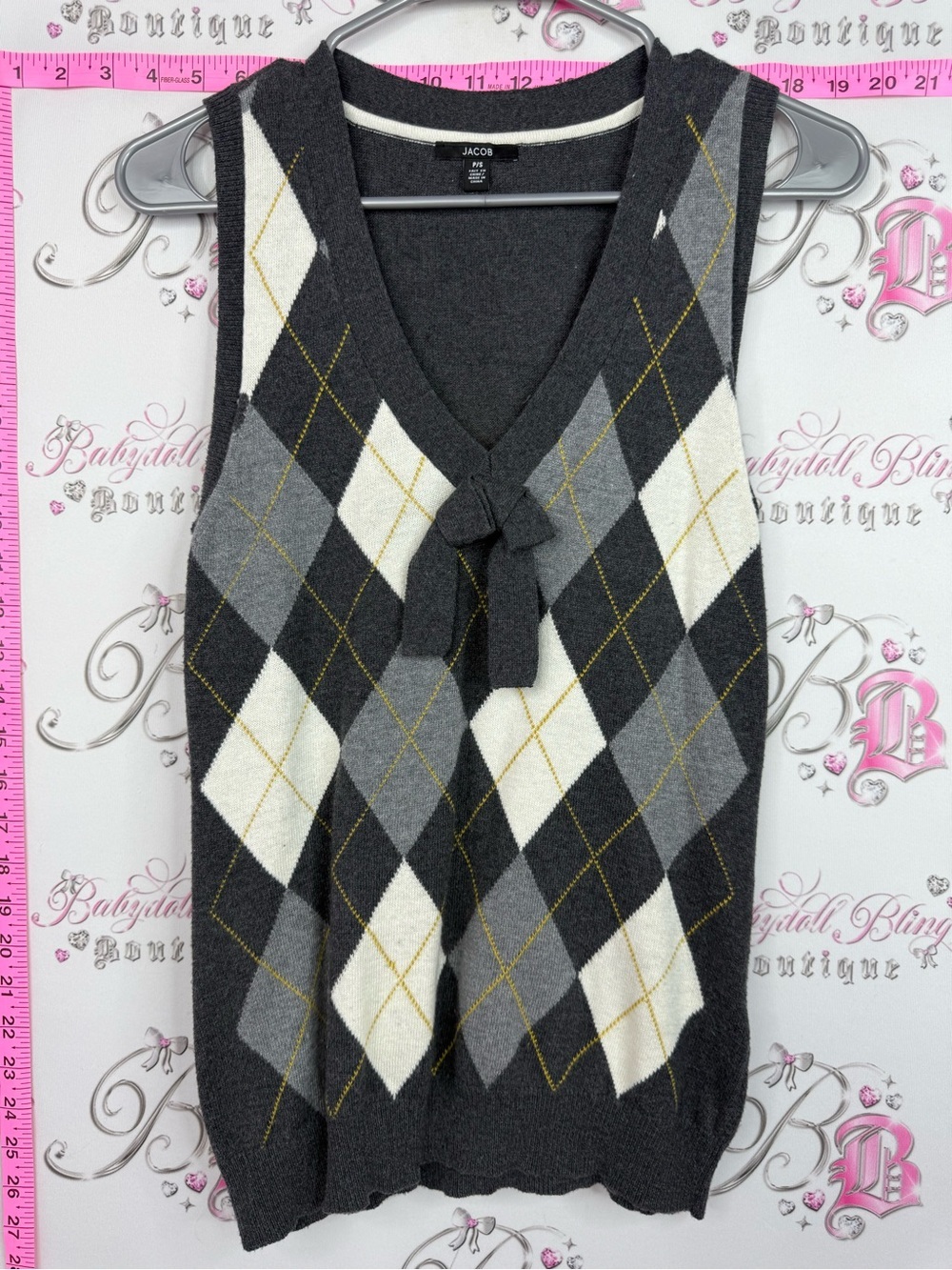 Jacob tank ribbon bow Charcoal Gray White Argyle V-Neck Sweater Vest